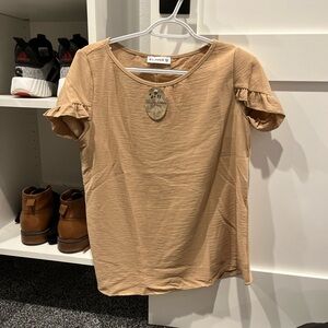 Cream Tan Flutter Sleeve Ruffled Fitted Blouse